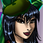 L'immagine mostra il disegno di una ragazza con lunghi capelli neri, occhi castani e un berretto verde